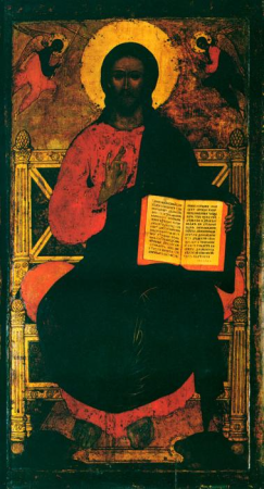 “USHAKOV SIMON (PIMEN) FEDOROVICH Savior on the throne. 1684 Local row of the iconostasis of the Trinity Cathedral in the Trinity-Sergius Lavra. SPMZ. 149x83 cm.", Simon Ushakov