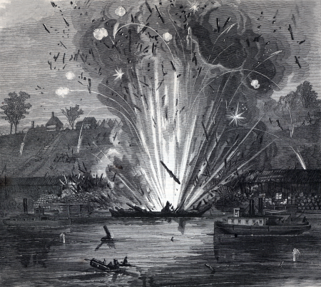 Explosion of the Powder Barges Hendricks and General Meade at City Point, VA, August 8. LCCN97518843 (cropped), Frank Leslie, 3 September 1864