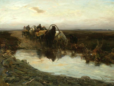 Peasant carts in front of a puddle, Alfred Wierusz-Kowalski, after 1890