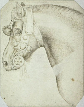 Head and neck of a harnessed horse, in profile to the left, Pisanello