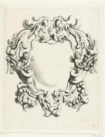 Cartouche met kwabornament met twee putti Veelderhande Niewe Compartemente (serietitel), RP-P-1883-A-7438, Michiel Mosijn, between 1640 and 1655
