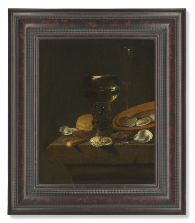 A prunted roemer of sweet wine and red wine in a façon-de-Venise glass, with oysters in an overturned dish and bread, on a ledge, Simon Luttichuys