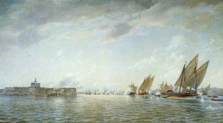 Danish naval forces attacking the Swedish fortress New Älvsborg in the harbour of Gothenburg in 1717., Jacob Hägg, after 1860