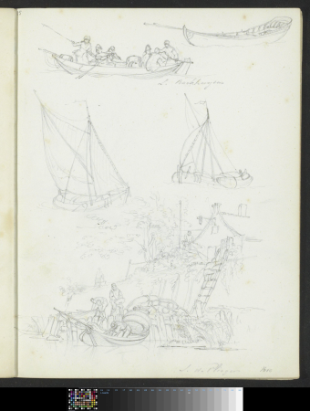 Studieblad, onder andere met figuren in een roeiboot en bij een kade, RP-T-1979-44-15(R), Simon de Vlieger, between 1820 and 1872