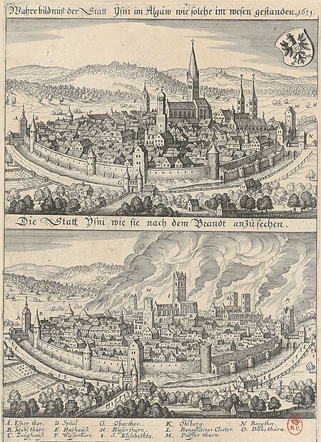 True image of the city of Ysni in the Algäw, as it stood in 1631; The city of Ysni, as it appears after the fire, Matthäus Merian