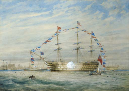 Manning the yards of H.M.S. Defiant in honour of the Queen's birthday, Charles Arthur Lodder, 1869
