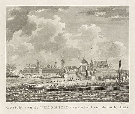 Bombardment of Willemstad, 1793, View of Willemstad from the side of the Buitensluis (title on object), Daniël Vrijdag