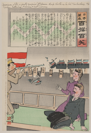 American editor is greatly surprised at Japanese sharp-shooter as he hits Kiulencheng (sic), Hoojo, Kuichow, Motienluig, Haicheng, & next Liaoyang LCCN2009630473, Kobayashi Kiyochika, 1904