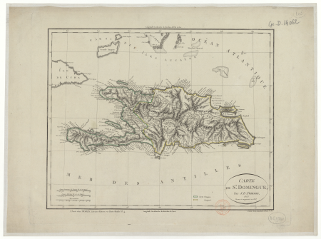 Map of St Domingue by JB Poirson, 1803, revised and expanded in 1817. 10 Myriameters [=Om. 0625; 1: 1, 600, 000]. Engraved by Tardieu senior