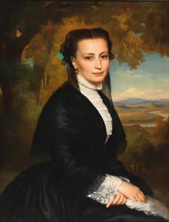 Portrait of a lady in front of a landscape background, Heinrich Hollpein, 1855
