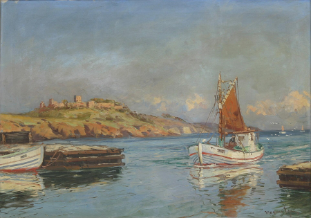 Coastal view with fishing boats and castle Hammershus., Mogens Ege, between 1910 and 1946