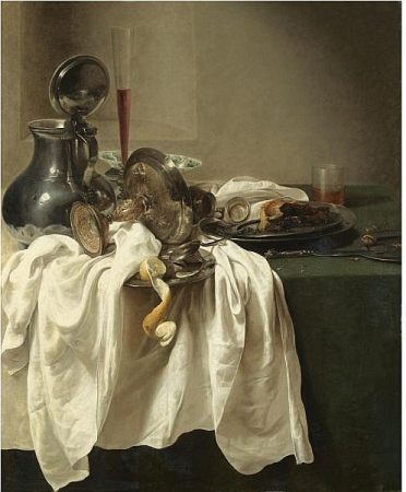 Still life with a pewter jug and an overturned tazza, a porcelain bowl, wine glass, a partly-peeled lemon on a pewter dish, Jan Jansz den Uyl, circa 1640