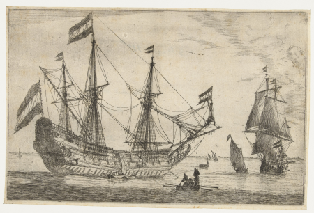 Groot zeilschip en een roeiboot Dertien scènes met schepen (serietitel), RP-P-1888-A-13549, Reinier Nooms, between 1650 and 1664