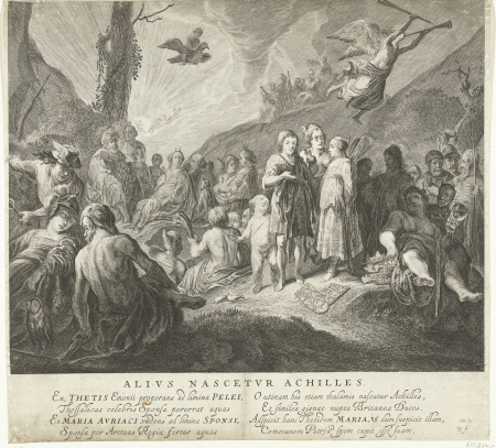 Tableau vivant met de bruiloft van Peleus en Thetis, 1642 Alius nascetar Achilles (titel op object), RP-P-OB-76.724, Pieter Nolpe