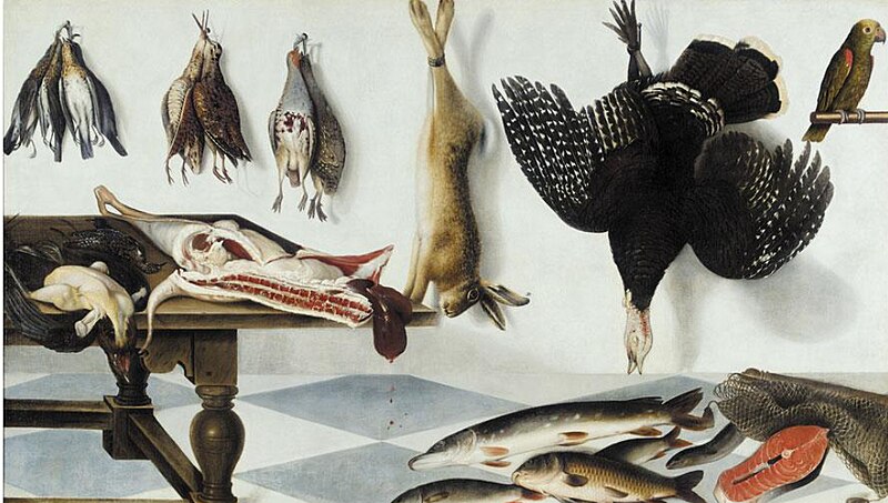 Game larder with a hare, partridge, snipe, a turkey, a side of meat, capons, starlings, pike, eel and fish with a parrot, Cornelis Biltius, between 1673 and 1685