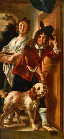 Trompe l'oeil door piece of a maid, a boy taking off his hat and a dog, Jacob Jordaens, between 1640 and 1645