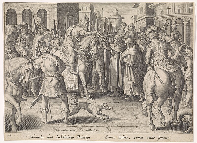 Keizer Justinianus I ontvangt de eerste zijdewormeitjes Introductie van de zijderups en de zijdeproductie in Europa (serietitel) Vermis Sericus (serietitel op object), RP-P-OB-103.250, between 1593 and 1597