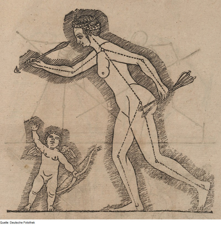 Angel figure in front view and woman with arrows in side view, 1618