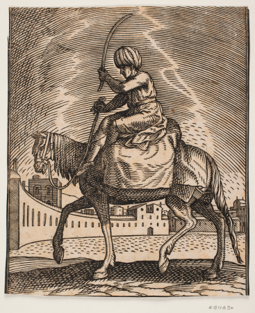 Unarmed rider on pack-horse, seen in profile t.v.; seated on a sack with a whip raised in left arm; in the background a square shaped like a semicircle, Melchior Lorck, 1582