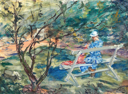 View from a garden with a woman on a bench., Peter Rostrup Bøyesen, between 1900 and 1952