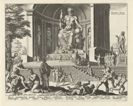 Standbeeld van Zeus in Olympia Olympy Iovis simvlacrvm (titel op object) De acht wereldwonderen (serietitel), RP-P-1904-3300, Maarten van Heemskerck, 1572 en/of 1638