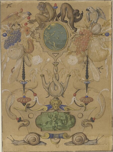 Grotesque with monkeys and parrots, Joris Hoefnagel, between 1594 and 1595