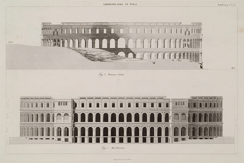 Elevation and Section of the Amphitheatre Fig 1- The elevation of the west-side looking towards the port Fig 2- A sectio - Stuart James & Revett Nicholas - 1816, 1794
