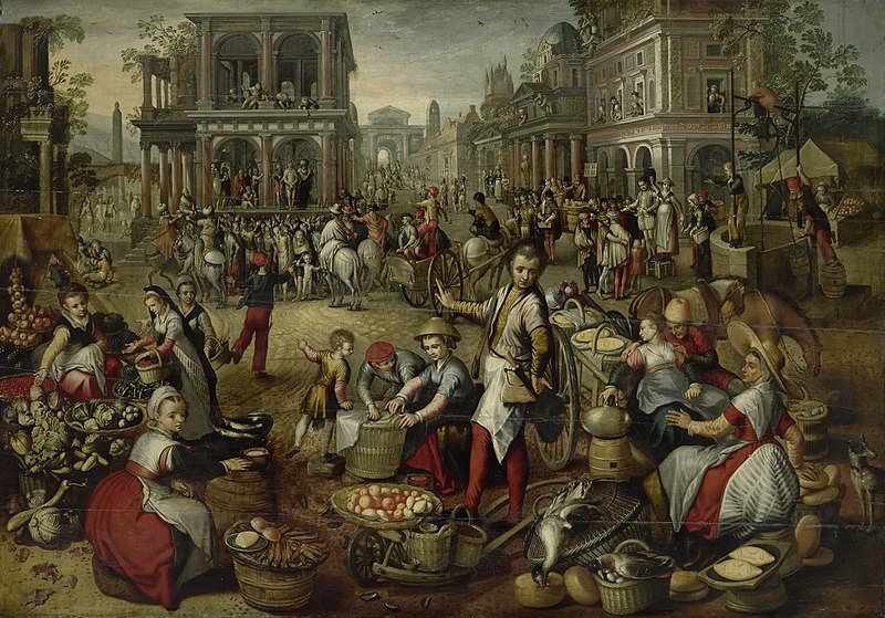Market square, with the flagellation, Ecce homo and the carrying of the cross in the background., Joachim Beuckelaer, between 1550 and 1590