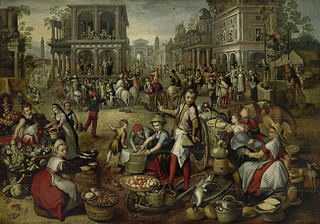 Market square, with the flagellation, Ecce homo and the carrying of the cross in the background., Joachim Beuckelaer, between 1550 and 1590