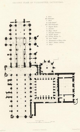 A plan of Worcester Cathedral made in 1836 (engraved by B.Winkles after a drawing by Benjamin Baud)., Benjamin Baud