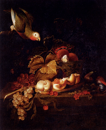 Still Life Of Grapes, A Halved Peach And Cherries Resting On A Table With A Parrot, Jakob Bogdani