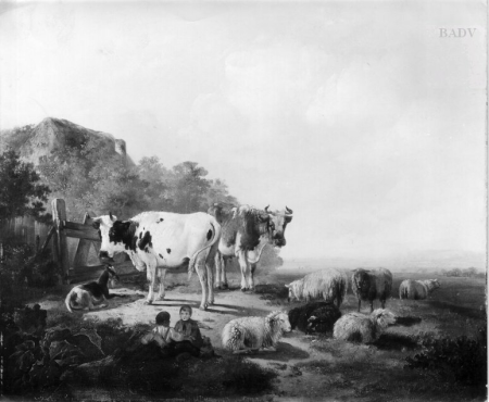 Cattle and sheep in the pasture with shepherds, Dirk van Lokhorst, circa 1843