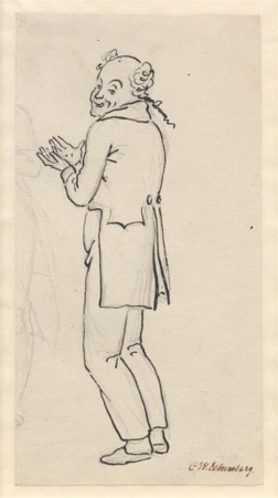 Satirical magazine; a smiling man, seen from the side, with both hands raised in front of his chest, and part of a light pencil scratch [cut off], Christoffer Wilhelm Eckersberg
