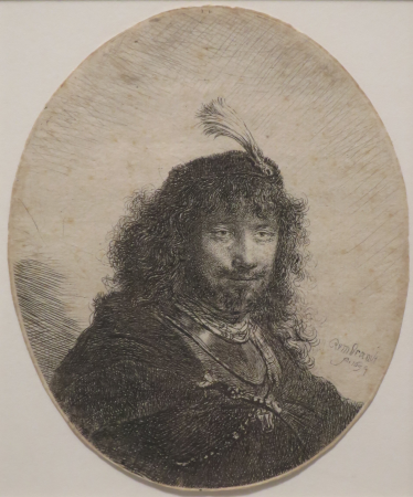 Self-portrait (?) with Plumed Cap and Lowered Sabre, Rembrandt, 1634