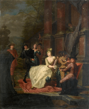 Elegant company making music on a terrace, Hendrick Govaerts, between 1710 and 1750