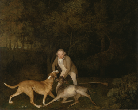 Freeman, the Earl of Clarendon's gamekeeper, with a dying doe and hound, George Stubbs, 1800