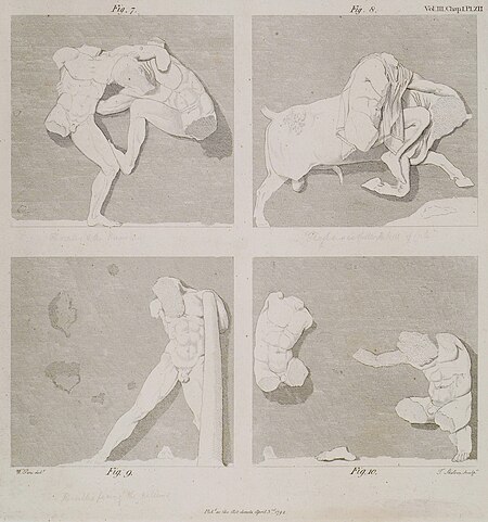 Four of the metopes on the South side; Fig 7 being that in the Eastern angle, the rest follow in their proper order Fig - Stuart James & Revett Nicholas - 1794