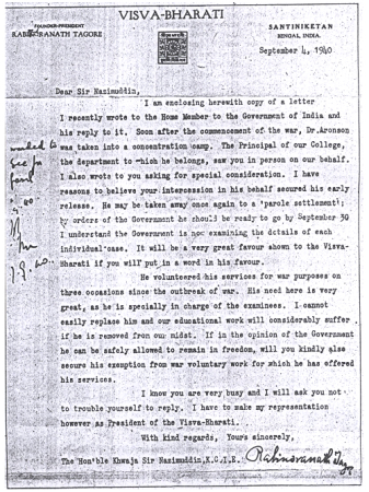 Tagore letter to Nazimuddin for release of Jewish lecturer, Rabindranath Tagore