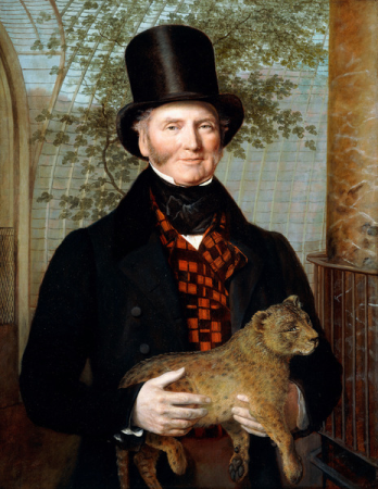 Portrait of Edward Cross, half-length, in a black coat and red-check waistcoat holding a Lion Cub, Jacques-Laurent Agasse, 1838