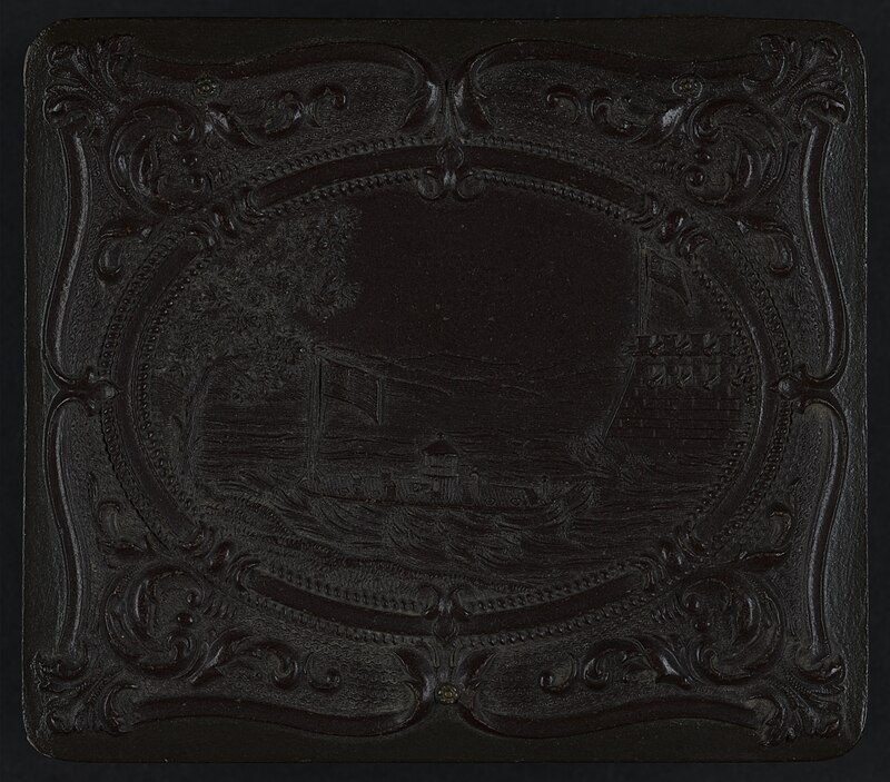 Union case for daguerreotype, ambrotype, or tintype showing monitor-class ship next to fort (front) and scroll motif (back) LCCN2010648993, between 1852 and 1866