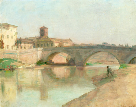 Scene from Rome with a boy at a viaduct., Julius Paulsen, 1921