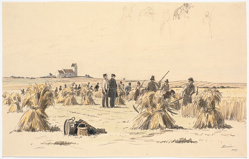 Harvest workers in the field. In the background Besser church., Martinus Rørbye, 1847