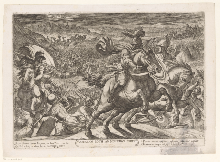 Lot door Abraham bevrijd Abraham Loth ab hostibus eripit (titel op object) Oudtestamentische strijdscènes (serietitel), RP-P-OB-207.876, Antonio Tempesta, 1613