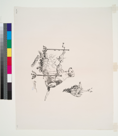 Plate decoration: a pointer dog watches over the cooking of two skewered partridges roasting in front of a blazing fire. At the top right, a partridge is hanging by its leg., 1884