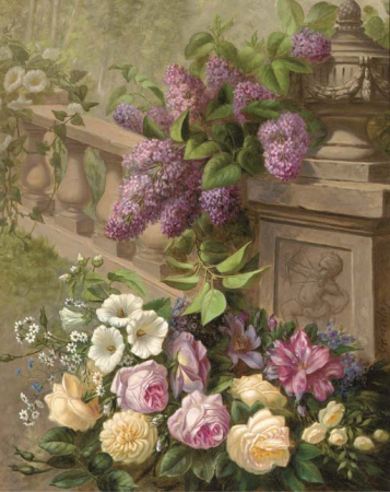 Hydrangeas, roses, rhodedendrons and convolvulus arranged around a balustrade, Charles Verlat, between 1844 and 1890