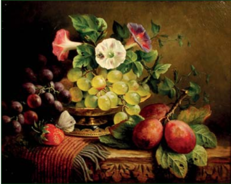 Grapes, Convolvuli and Plums. Oil on Canvas, signed Charles Stuart, 1868