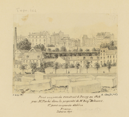 Pont suspendu construit à Passy en 1825 par M. Tarbé dans la propriété de M Benj.in Delessert. D.8021(93)(2), En 1864
