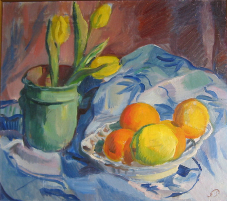 Yellow tulips and citrus fruit on a table., Sophus Paulsen, between 1901 and 1935