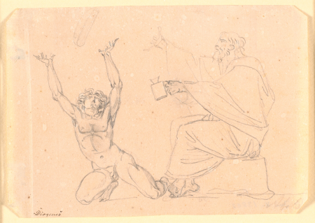 A man dressed in a toga sits with a lamp in his left hand, t.v. before him kneels a naked man with outstretched arms, Nicolai Abildgaard