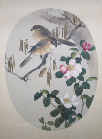 Bull-headed Shrikes with Camellia and Japanese Alder by Watanabe Seitei , circa 1906